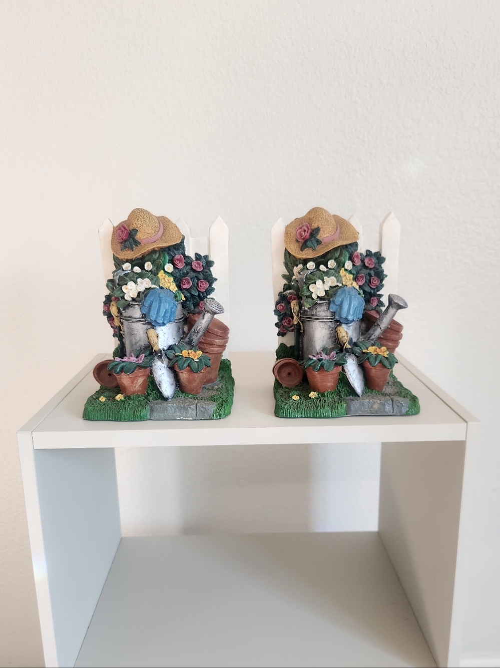 Vintage Garden Accent Bookends with Blue Gloves and Straw Hat
